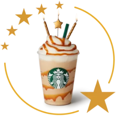 Starbucks Caramel Frappuccino topped with whipped cream and caramel sauce, surrounded by golden stars against a dark background.